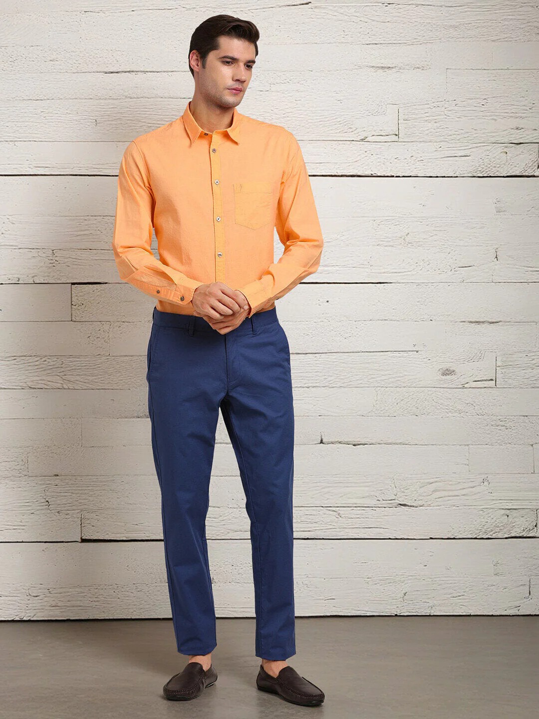 Indian Terrain Men's Regular Fit Full Sleeve Solid Orange Shirt